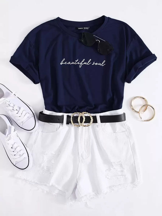 SHEIN EZwear Camiseta con estampa de eslogan "Alma hermosa"