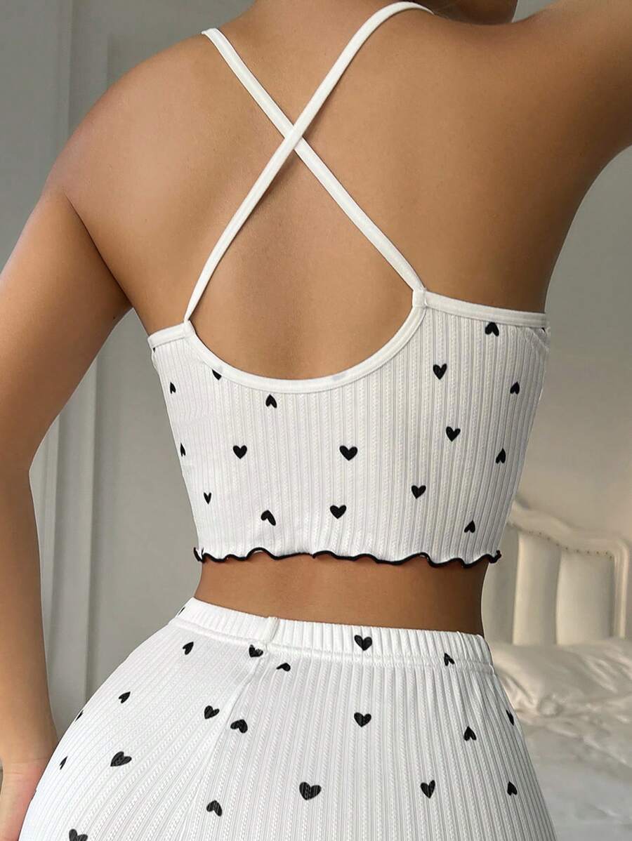 Top de pijama de camisola con lazo en la parte delantera con borde de lechuga y estampado de corazones