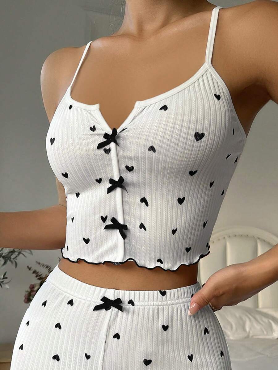 Top de pijama de camisola con lazo en la parte delantera con borde de lechuga y estampado de corazones