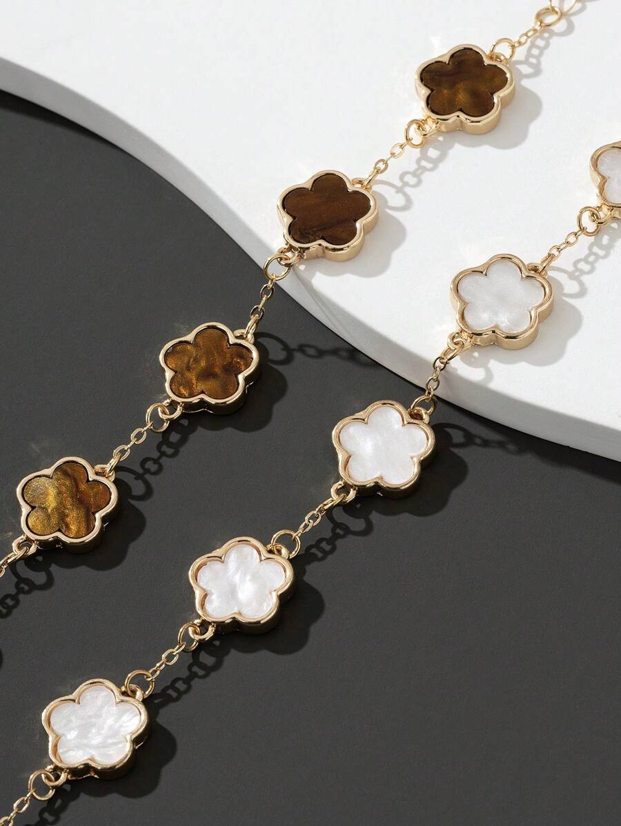 Set de 2 pulseras clásicas de estilo de moda con trébol blanco/marrón para San Valentín