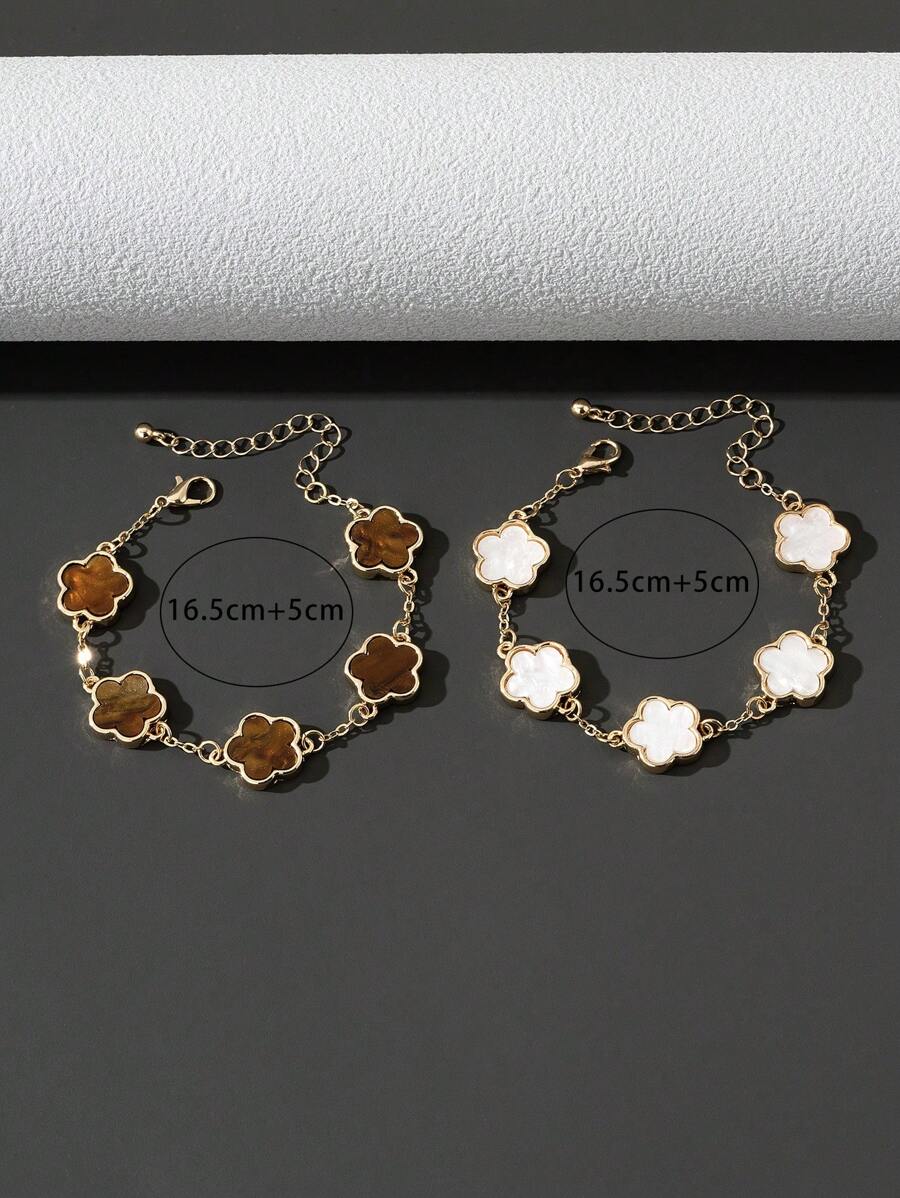 Set de 2 pulseras clásicas de estilo de moda con trébol blanco/marrón para San Valentín