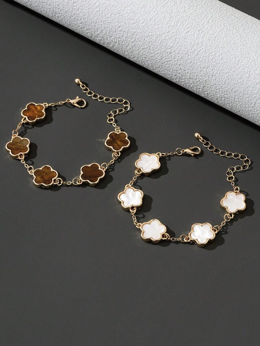 Set de 2 pulseras clásicas de estilo de moda con trébol blanco/marrón para San Valentín