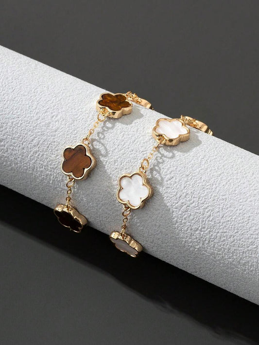 Set de 2 pulseras clásicas de estilo de moda con trébol blanco/marrón para San Valentín