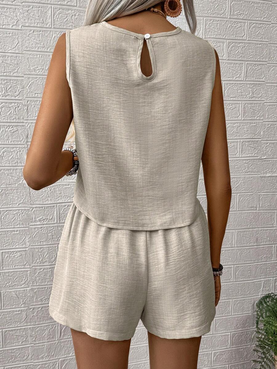 SHEIN LUNE Conjunto de top y shorts de unicolor para damas, perfecto para vacaciones/tiempo libre