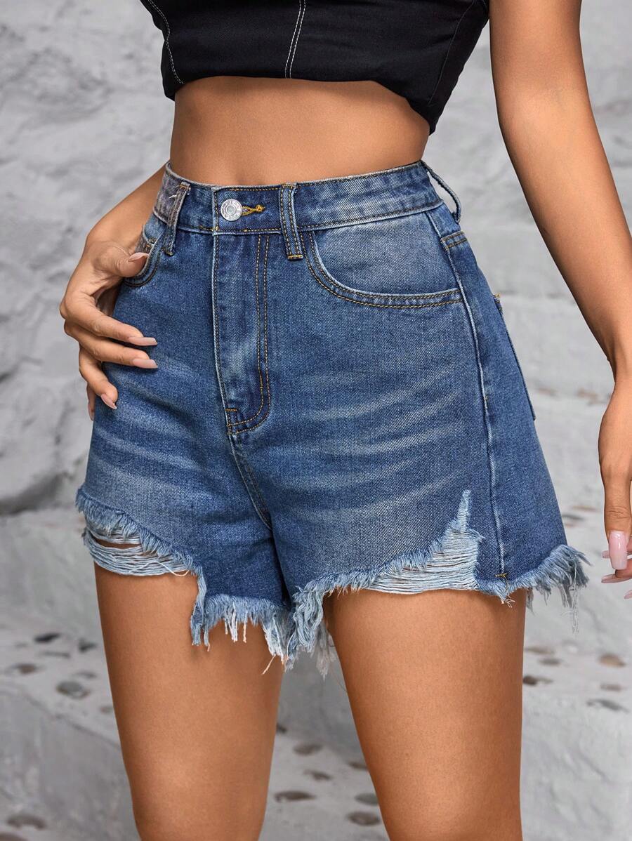 SHEIN EZwear Shorts mezclilla desgarro bajo crudo de talle alto