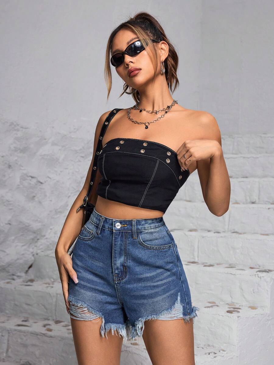 SHEIN EZwear Shorts mezclilla desgarro bajo crudo de talle alto