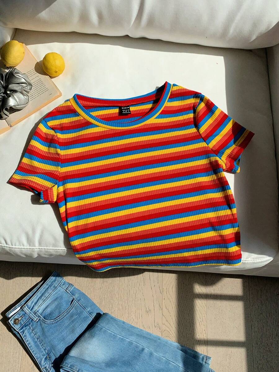 Comfortcana Camiseta de punto ajustada de mujer con rayas de colores