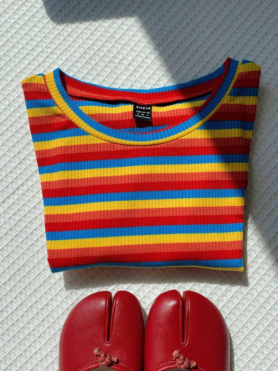 Comfortcana Camiseta de punto ajustada de mujer con rayas de colores