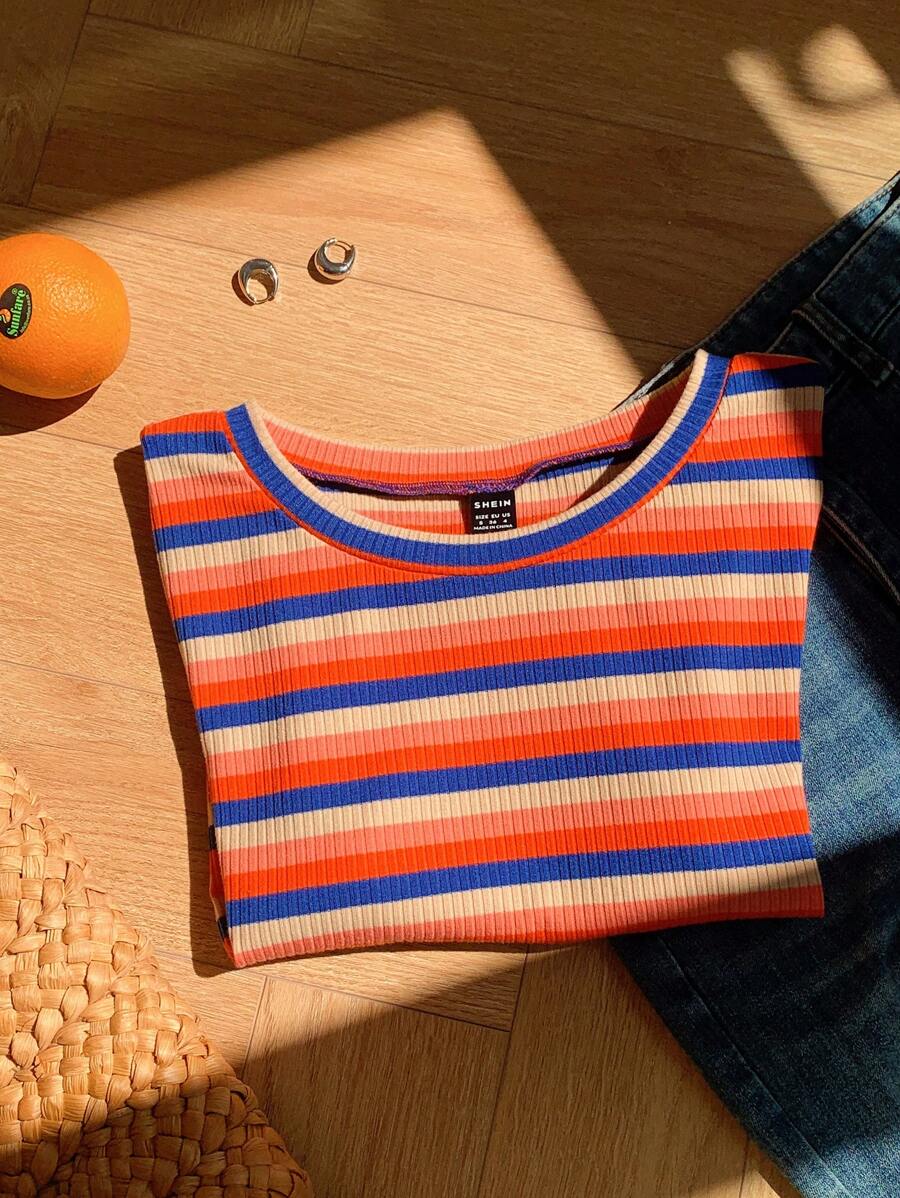 Comfortcana Camiseta de punto ajustada de mujer con rayas de colores