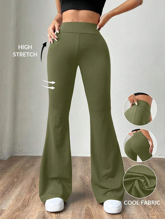 SHEIN EZwear Pantalones de tubo acampanado ajustados para mujer de punto verde militar
