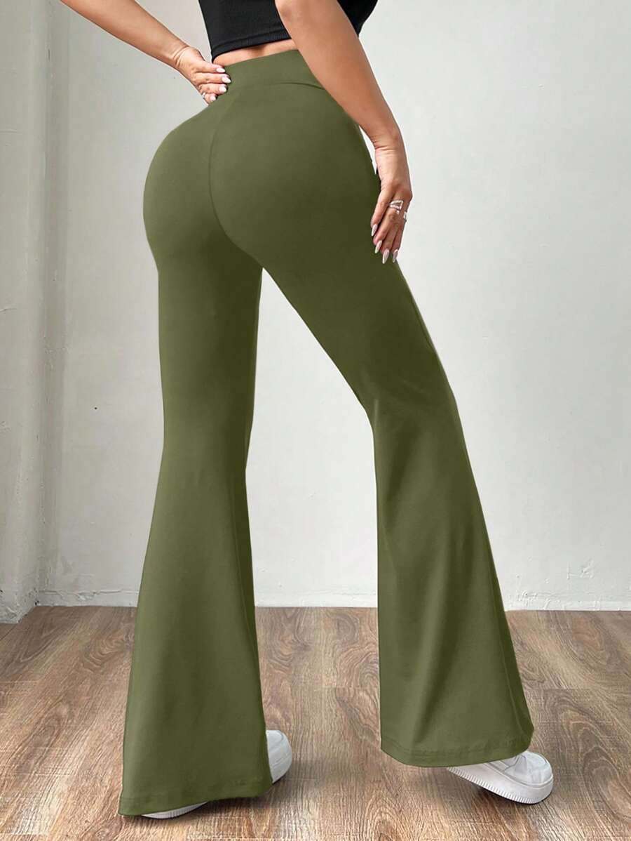 SHEIN EZwear Pantalones de tubo acampanado ajustados para mujer de punto verde militar
