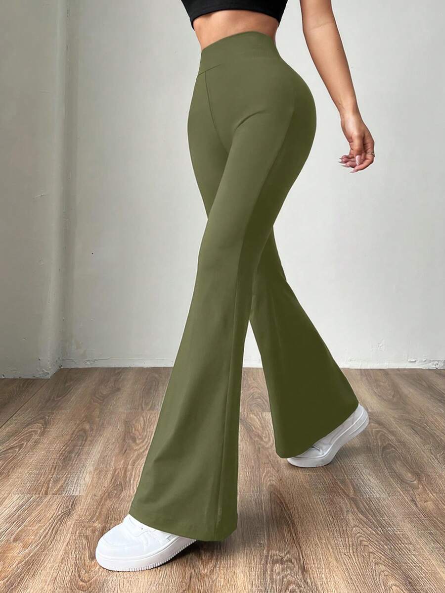 SHEIN EZwear Pantalones de tubo acampanado ajustados para mujer de punto verde militar