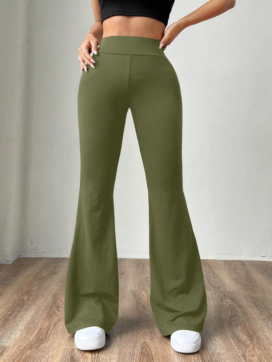 SHEIN EZwear Pantalones de tubo acampanado ajustados para mujer de punto verde militar