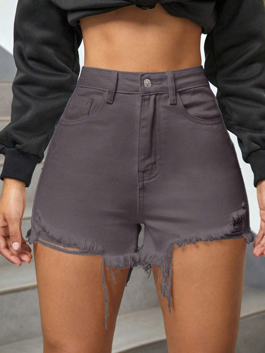 SHEIN EZwear Shorts mezclilla desgarro bajo crudo de talle alto