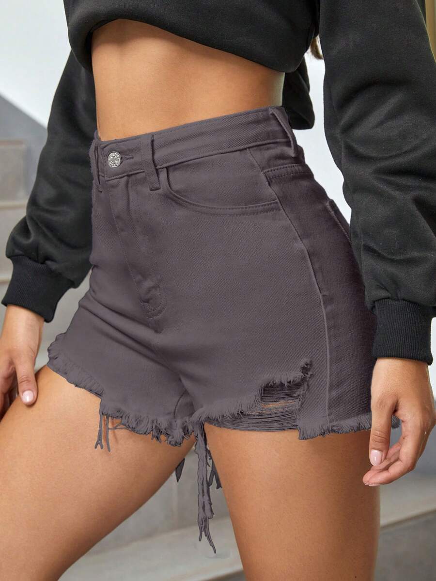 SHEIN EZwear Shorts mezclilla desgarro bajo crudo de talle alto