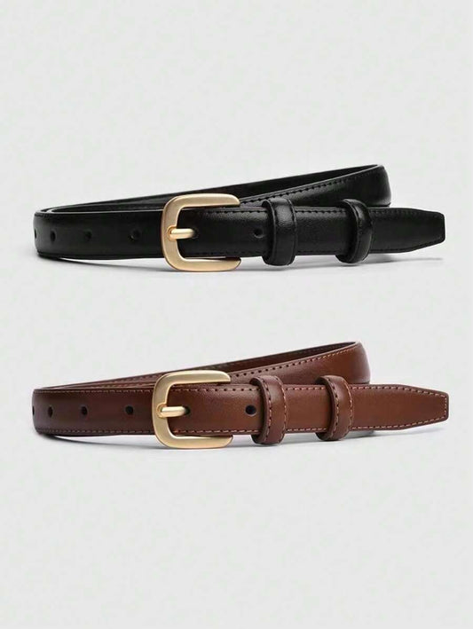 2 piezas Cinturón de PU vintage casual y minimalista de unicolor para mujeres, adecuado para jeans y faldas, 1.8cm de ancho, otoño, Halloween