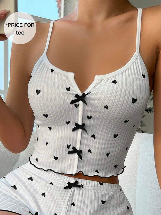 Top de pijama de camisola con lazo en la parte delantera con borde de lechuga y estampado de corazones