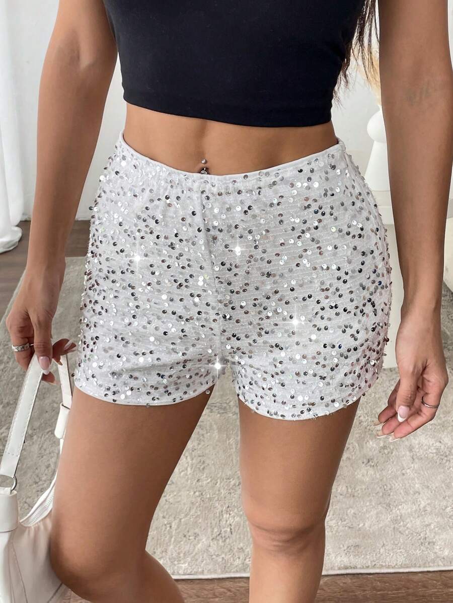 SHEIN EZwear Pantalones cortos de moda de verano con decoración de lentejuelas