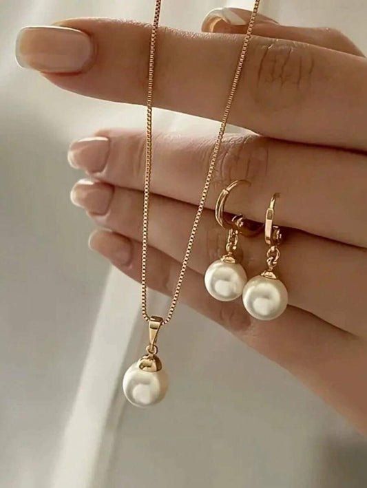 Juego de 3 piezas de collares y aretes de perlas sencillos, adecuado para uso diario, festivales y fiestas de mujeres
