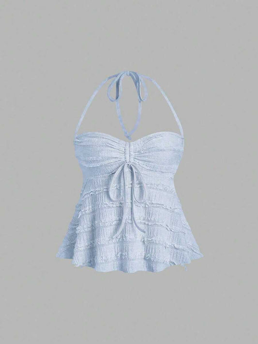 SHEIN PETITE Top de tirantes sexy de espalda descubierta con cuello de cordón, volantes y textura de tejido de punto color albaricoque para mujeres de talla pequeña
