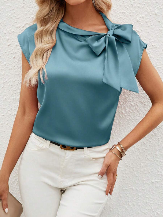 SHEIN Clasi Camisa formal de mujer elegante y simple con manga de murciélago y lazo