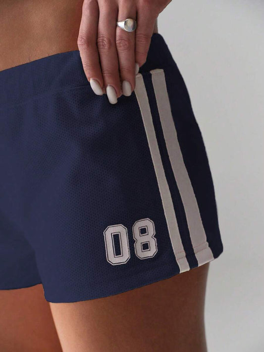 TRNVIE Pantalones cortos casuales con estampado de números y ribete de contraste de cintura baja, moda minimalista adecuada para el verano