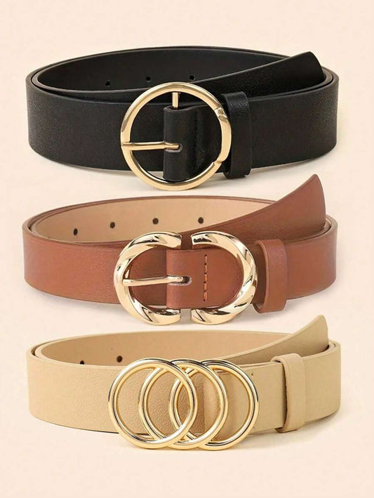 1/3 piezas Cinturón de mujer de moda simple y versátil, cinturón clásico para pantalones y vestidos, diseño de hebilla de metal de triple/doble/anillo único, cinturón de cintura elegante de unicolor, accesorio de cintura para uso diario, de piel de PU