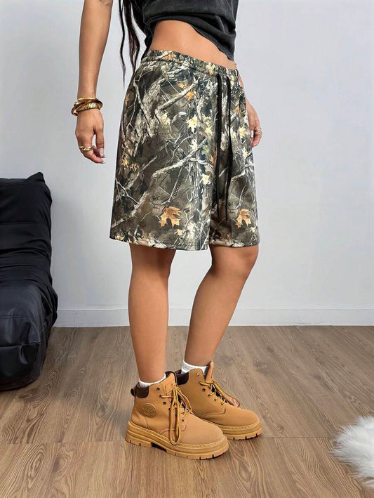 Coolane Shorts de punto con estampado de camuflaje con patrón de ramas de árbol para mujer, de estilo callejero de moda para primavera y verano