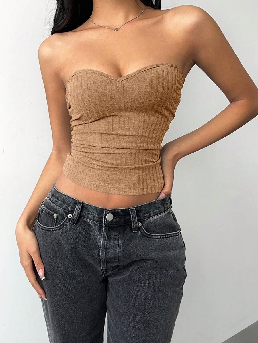 SHEIN BASICS Camiseta de punto ajustada de color liso informal para mujer