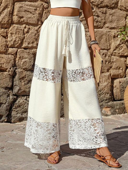 Breezaya Pantalones casuales de mujer con empuñadura de encaje en la cintura y cordón a la altura del vientre de un solo color