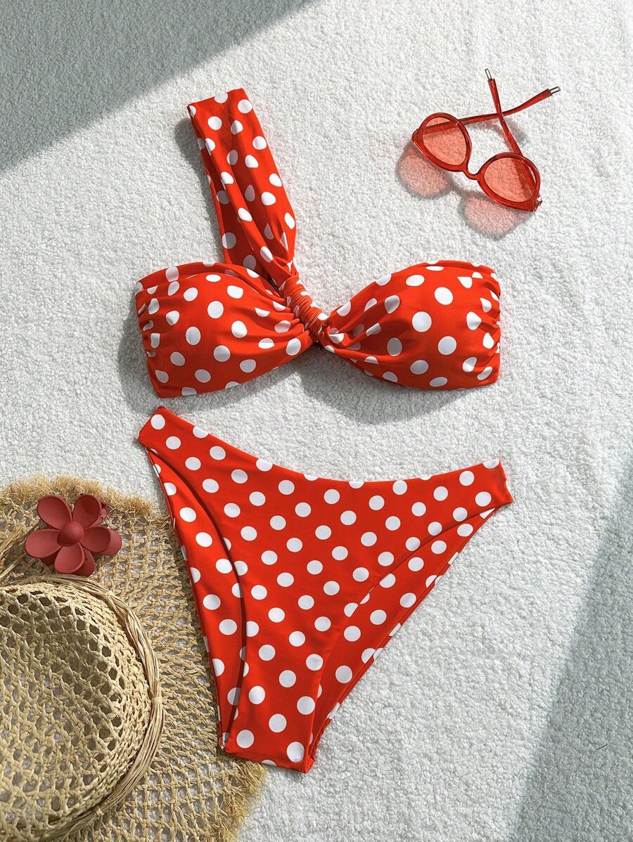 Swim Mod Traje de baño de 2 piezas ajustado casual con un solo hombro, estampado de lunares para vacaciones, sexy para mujer