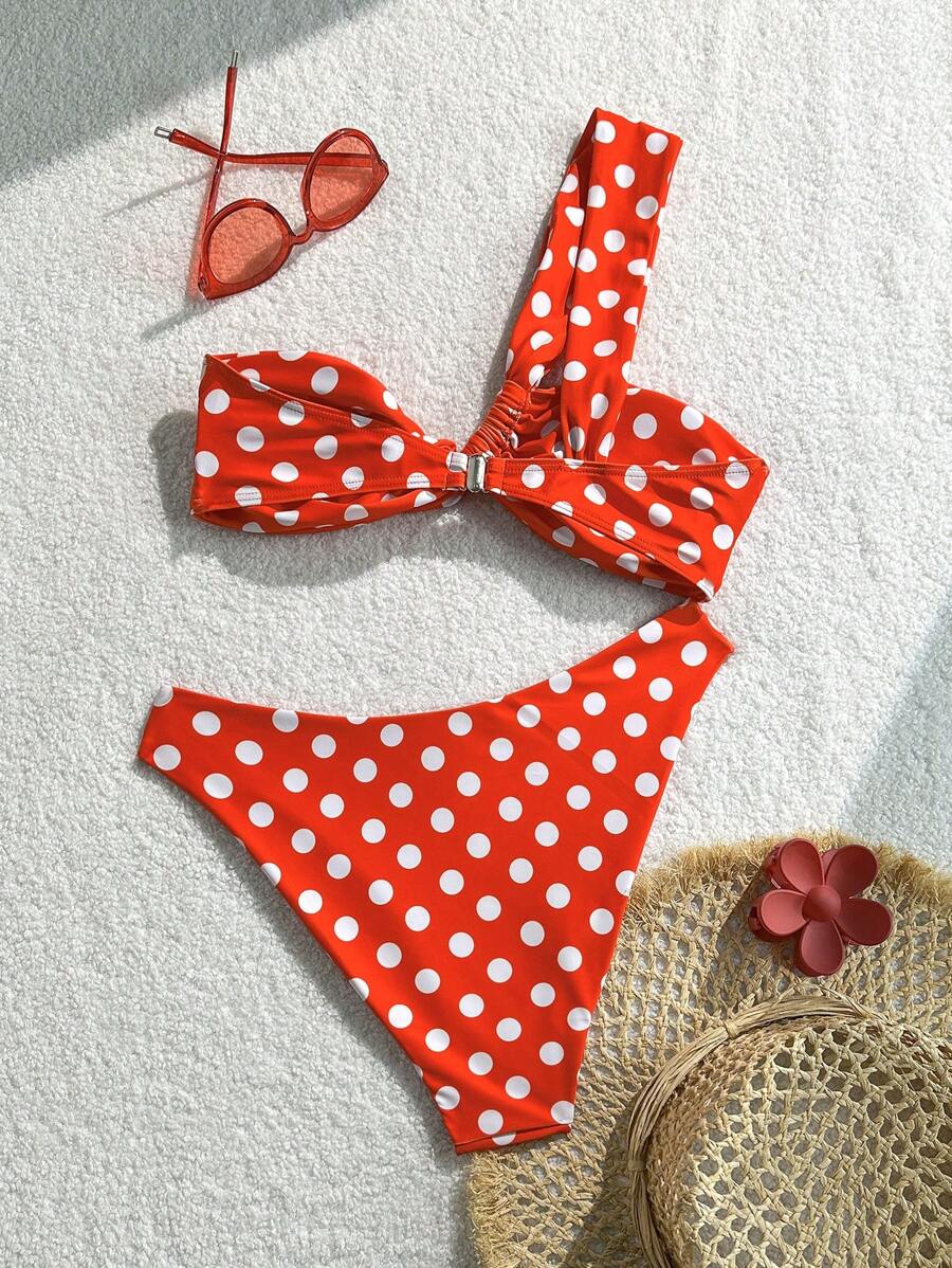 Swim Mod Traje de baño de 2 piezas ajustado casual con un solo hombro, estampado de lunares para vacaciones, sexy para mujer