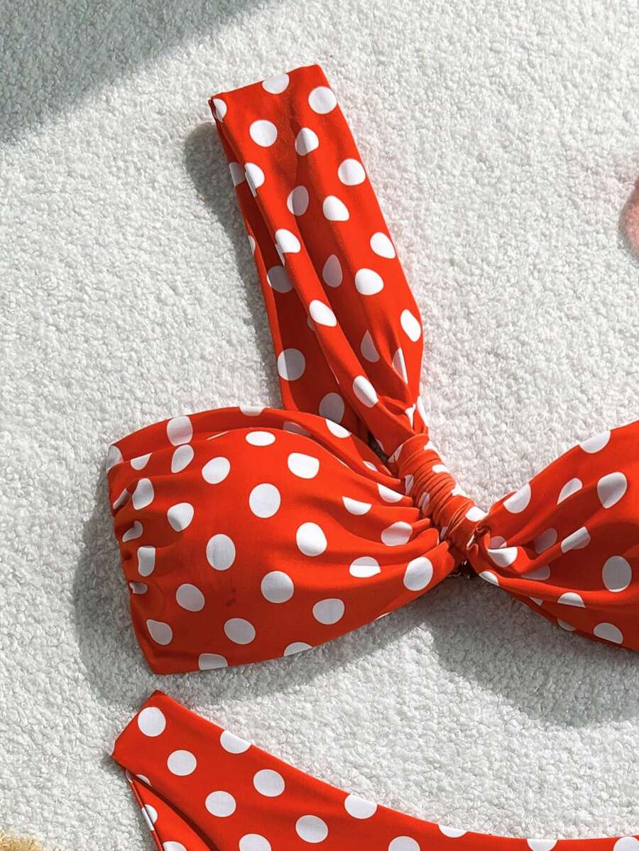 Swim Mod Traje de baño de 2 piezas ajustado casual con un solo hombro, estampado de lunares para vacaciones, sexy para mujer