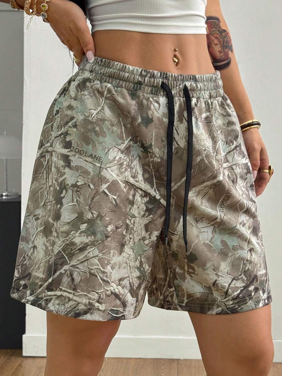 Coolane Shorts de punto con estampado de camuflaje con patrón de ramas de árbol para mujer, de estilo callejero de moda para primavera y verano