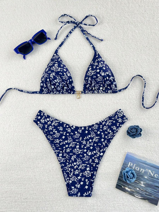 Swim Mod Set de 2 piezas de bikini con tanga de alto corte y estampado floral multicolor, traje de baño de mujer para vacaciones en la playa