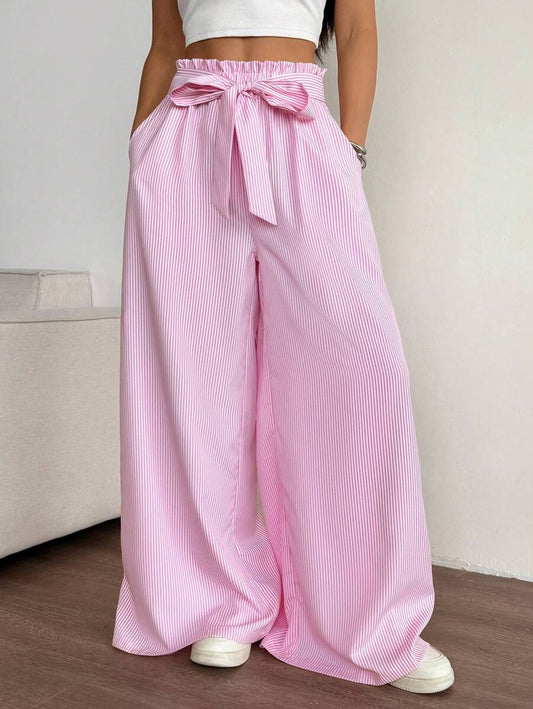 Chiquease Pantalones casuales para mujer con cintura de bolsa de papel, pierna ancha y rayas verticales de color contrastante