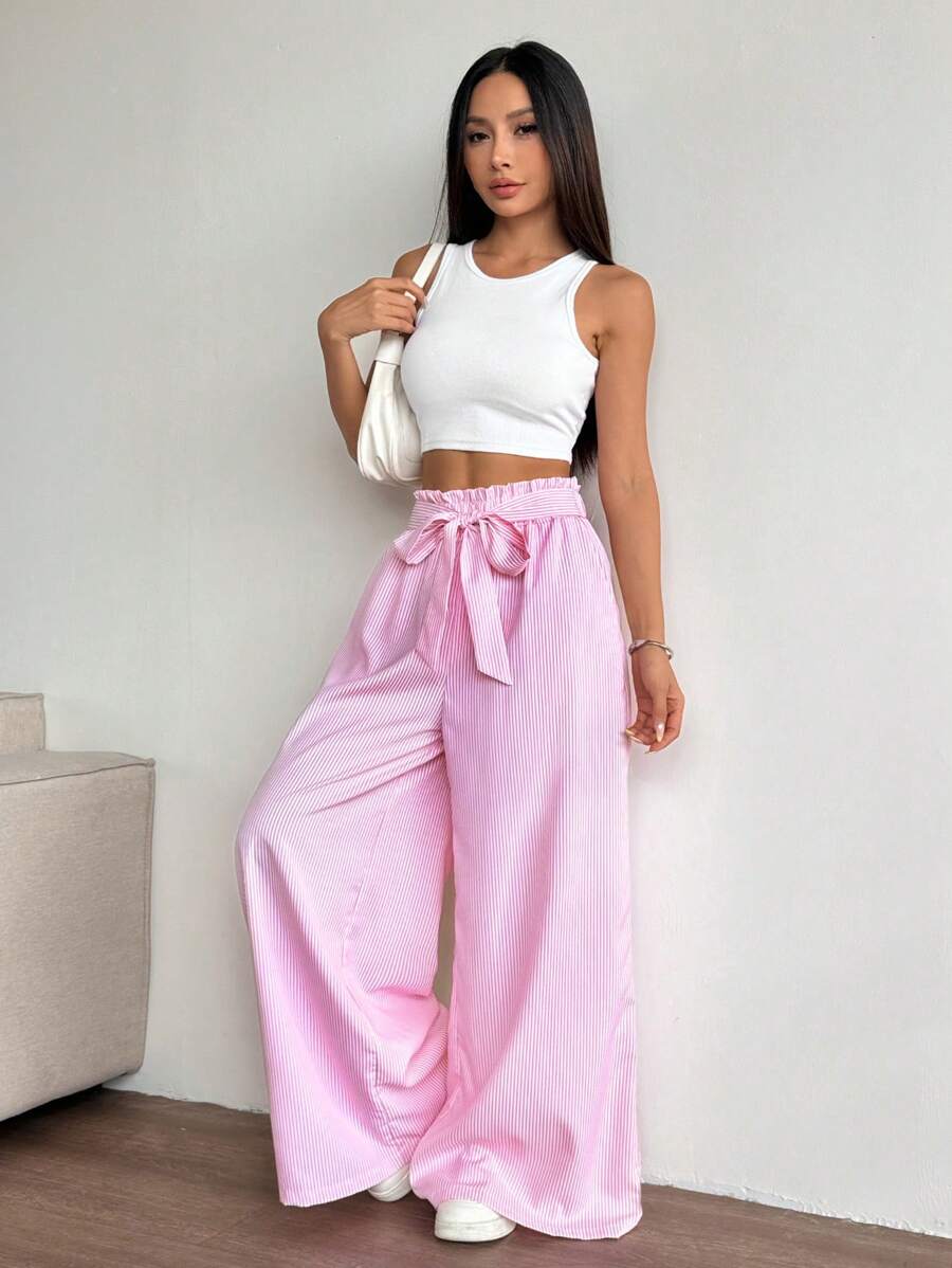 Chiquease Pantalones casuales para mujer con cintura de bolsa de papel, pierna ancha y rayas verticales de color contrastante