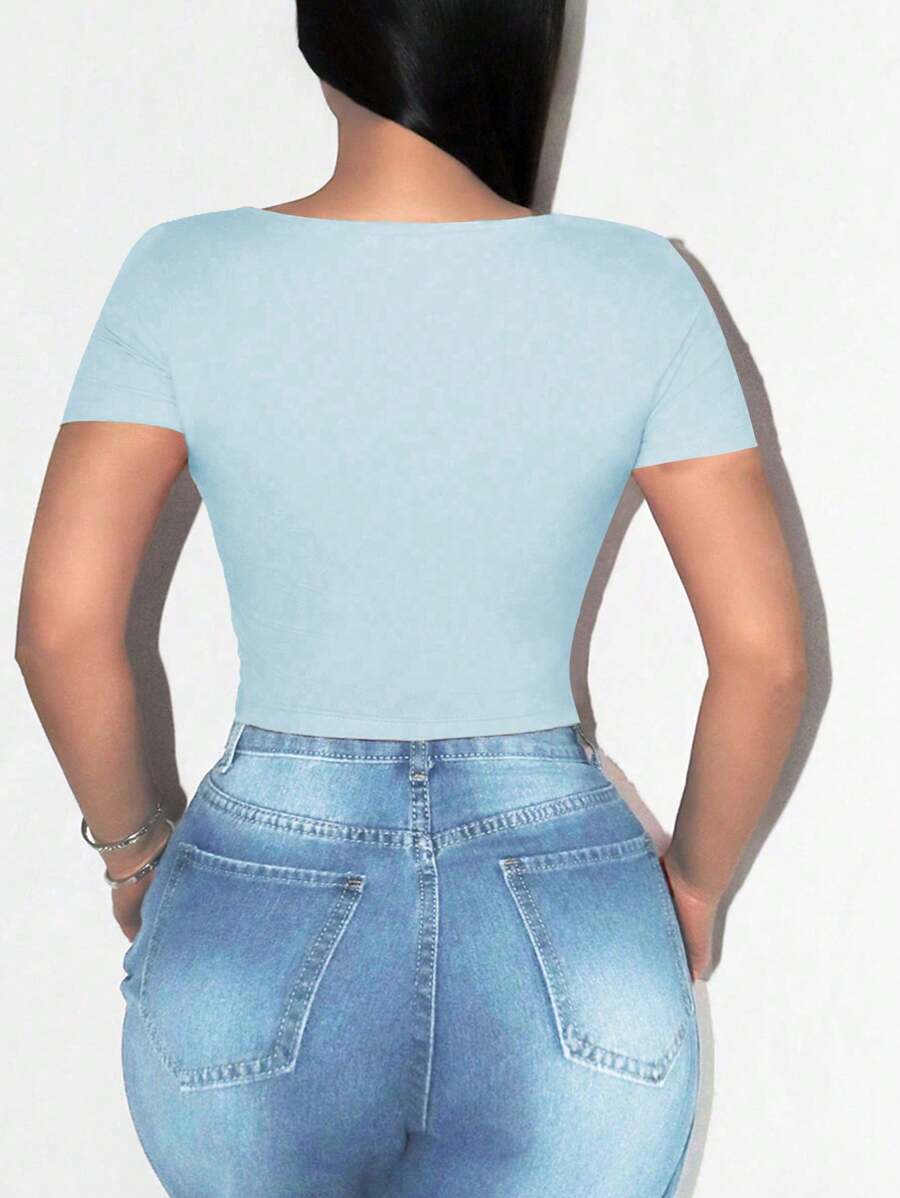 Sirith Camiseta de manga larga con cuello cuadrado y bajo asimétrico de unicolor casual para mujer Foxxy