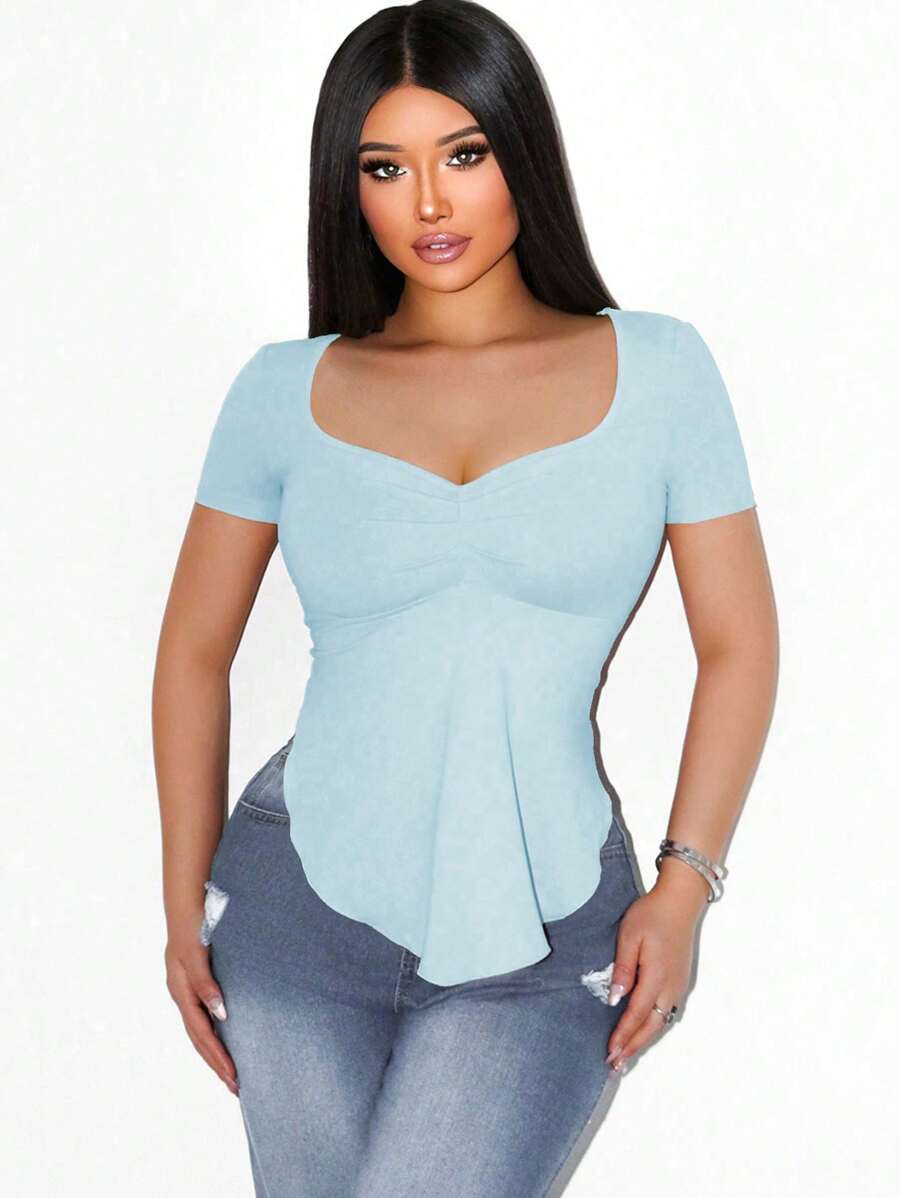 Sirith Camiseta de manga larga con cuello cuadrado y bajo asimétrico de unicolor casual para mujer Foxxy