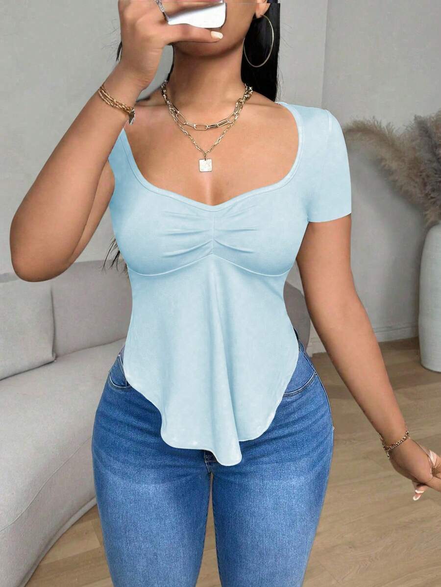 Sirith Camiseta de manga larga con cuello cuadrado y bajo asimétrico de unicolor casual para mujer Foxxy