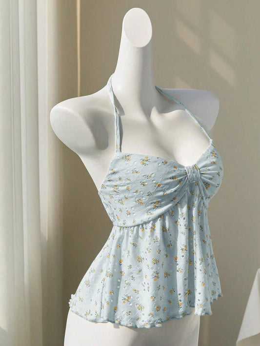 Elamini Camiseta sin espalda con escote en V hueco con estampado de flores diminutas amarillas, sexy y dulce, apta para primavera y verano