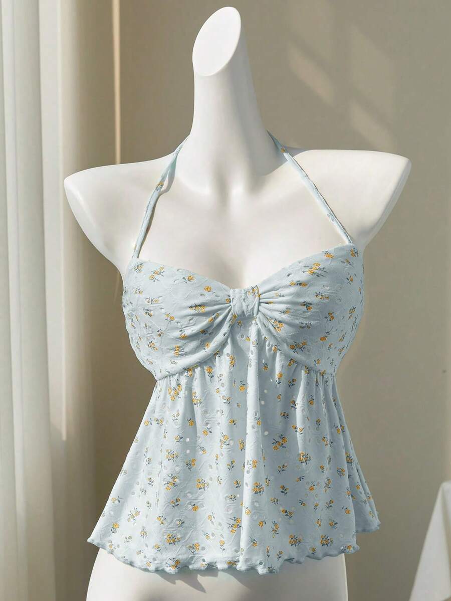 Elamini Camiseta sin espalda con escote en V hueco con estampado de flores diminutas amarillas, sexy y dulce, apta para primavera y verano