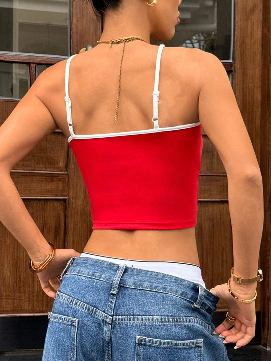 SHEIN EZwear 4th Of July Casual Minimalist American Flag Embroidered Badge Decor Camisole Top, Fit For Summer Back To School