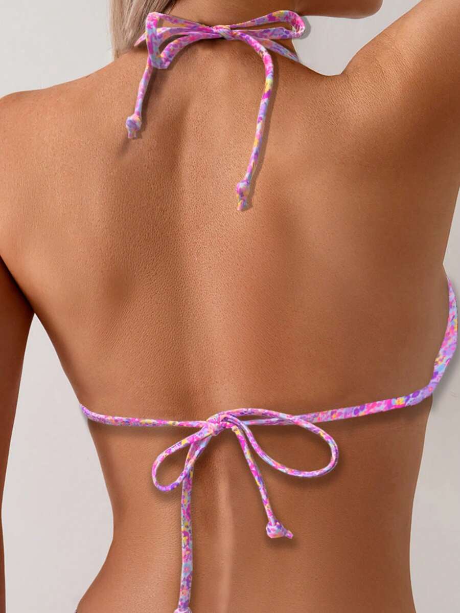 SHEIN Swim Conjunto de bikini con estampado floral pequeño y aleatorio para vacaciones en la playa