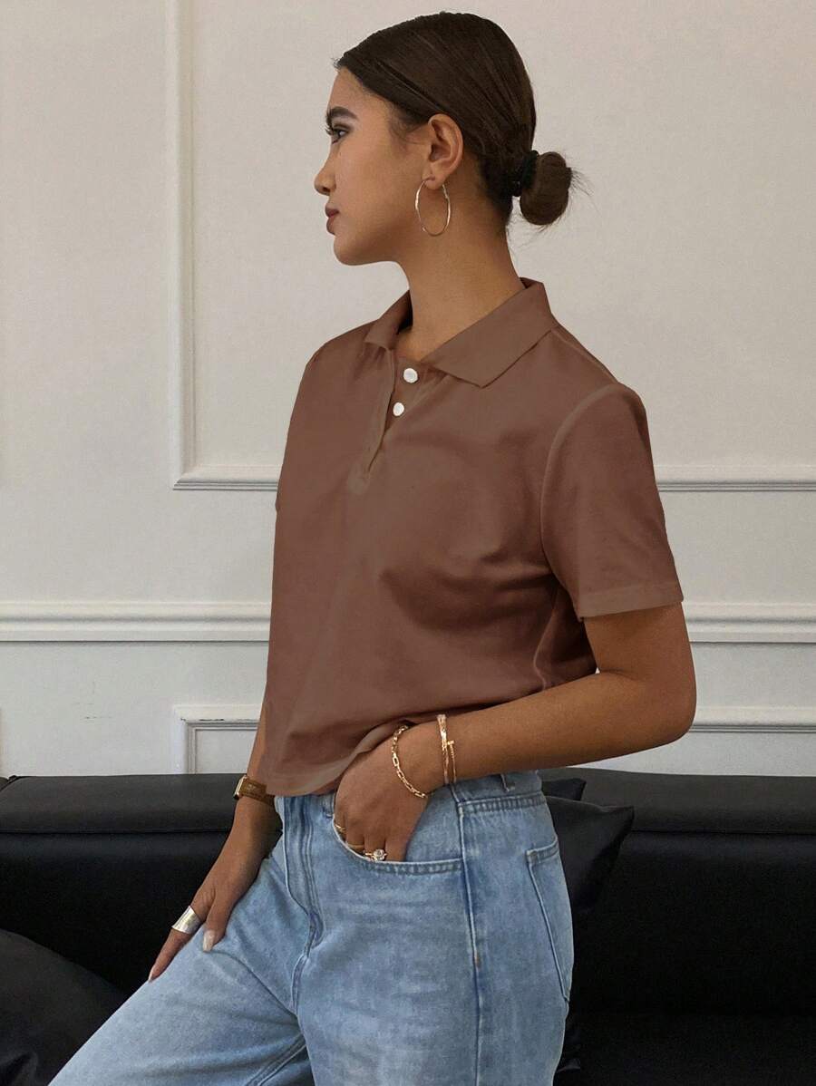 Livesso Livesso Camiseta de polo de cuello suelto de unicolor casual para mujer, camisa polo marrón, top corto marrón, camisa de cuello marrón, blusa marrón para mujer