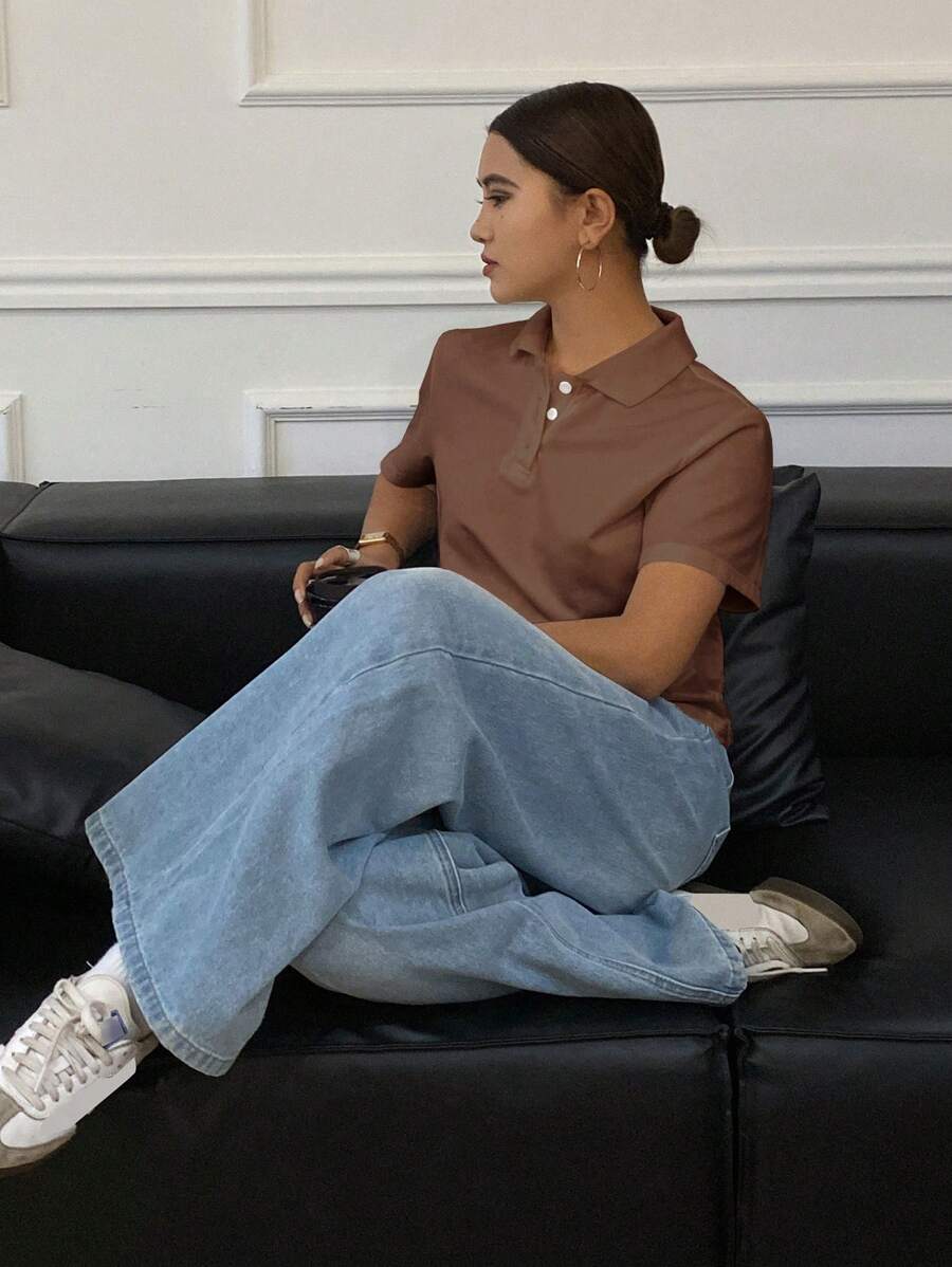 Livesso Livesso Camiseta de polo de cuello suelto de unicolor casual para mujer, camisa polo marrón, top corto marrón, camisa de cuello marrón, blusa marrón para mujer