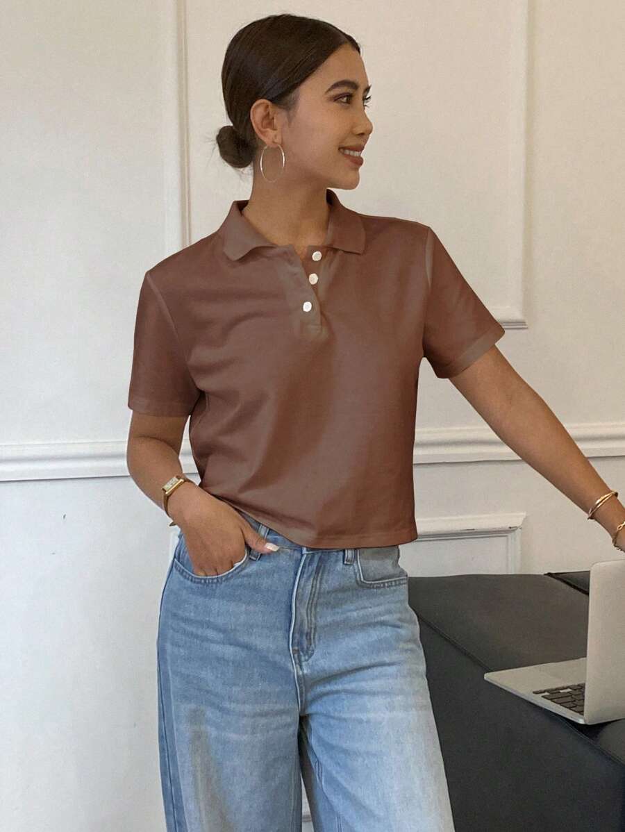 Livesso Livesso Camiseta de polo de cuello suelto de unicolor casual para mujer, camisa polo marrón, top corto marrón, camisa de cuello marrón, blusa marrón para mujer