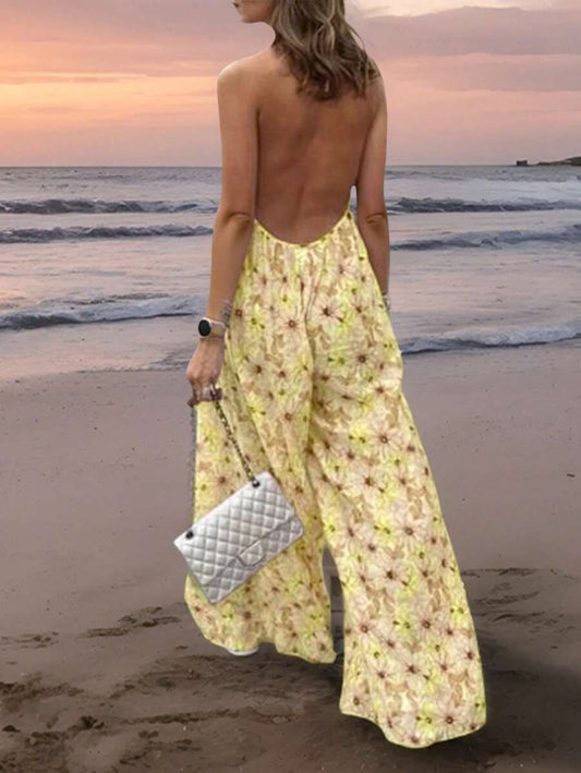 INAWLY Mono de pierna ancha de escote halter sin espalda con estampado, ropa de resort sexy para mujer