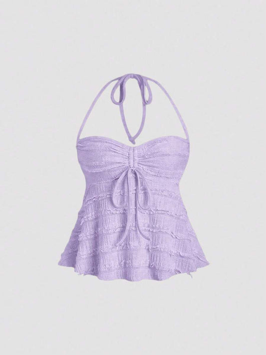 SHEIN PETITE Camiseta de volantes de punto con cuello de corbata y textura acanalada en color albaricoque, sexy, para mujeres de estatura baja