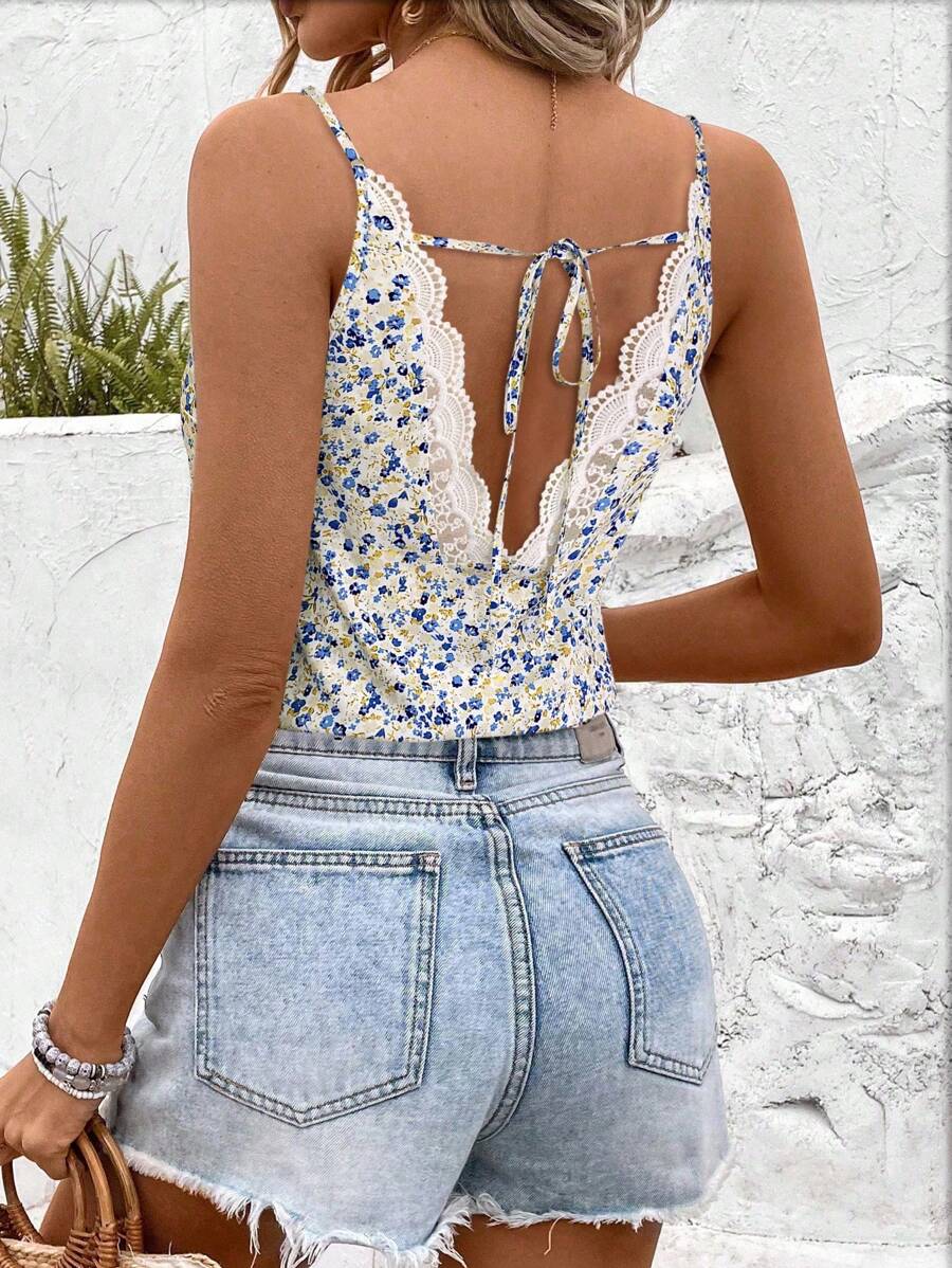 SHEIN Frenchy Top de tirantes con encaje y estampado floral para mujer, ideal para vacaciones de verano
